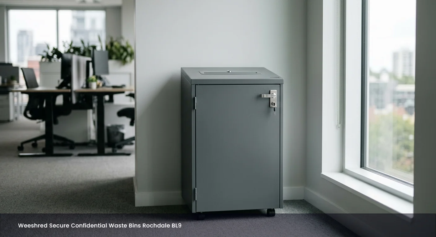 Locked confidential waste console in a Rochdale office